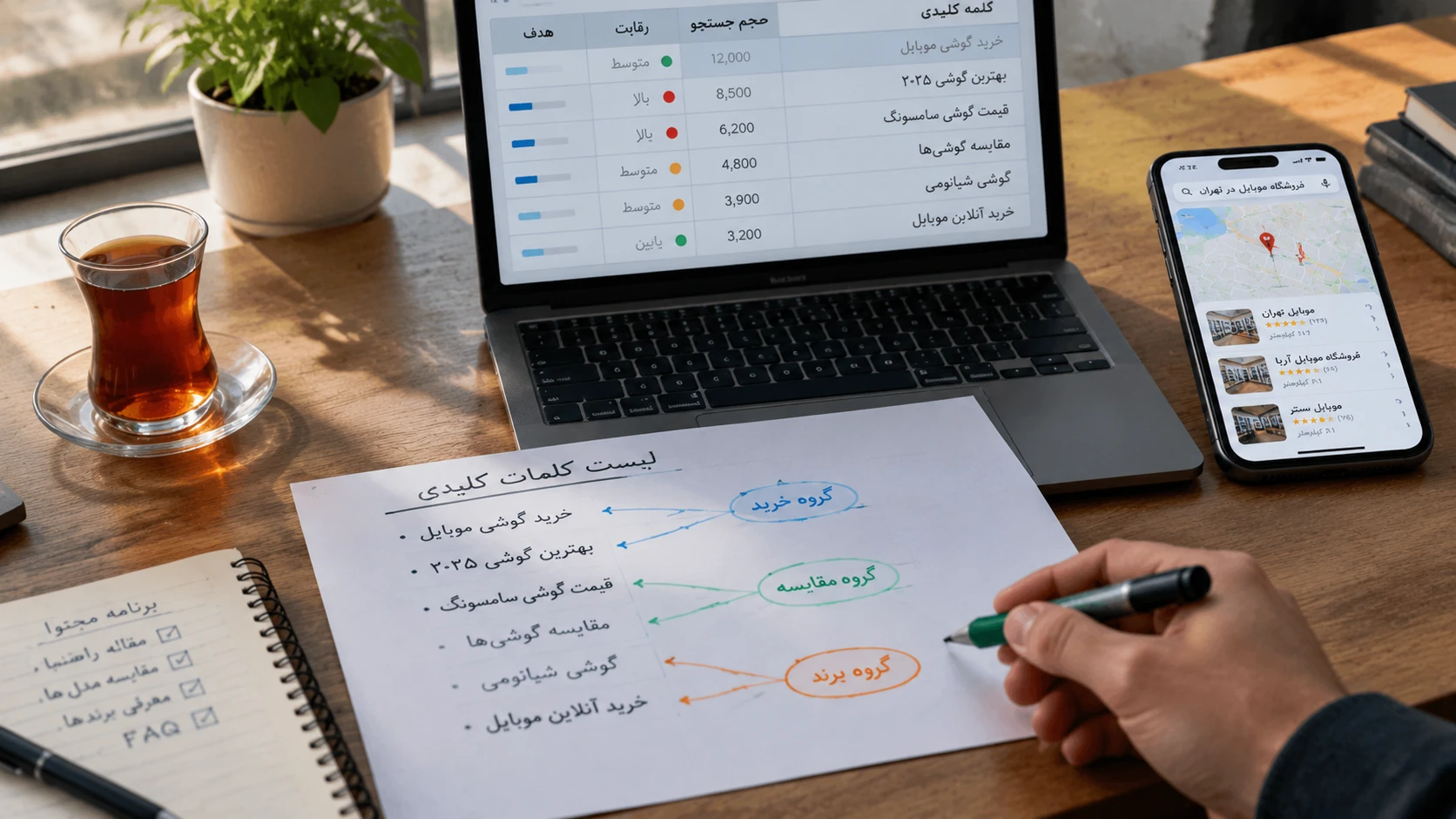 بررسی فهرست کلمات کلیدی فارسی و ساختار خوشه محتوایی روی میز کار